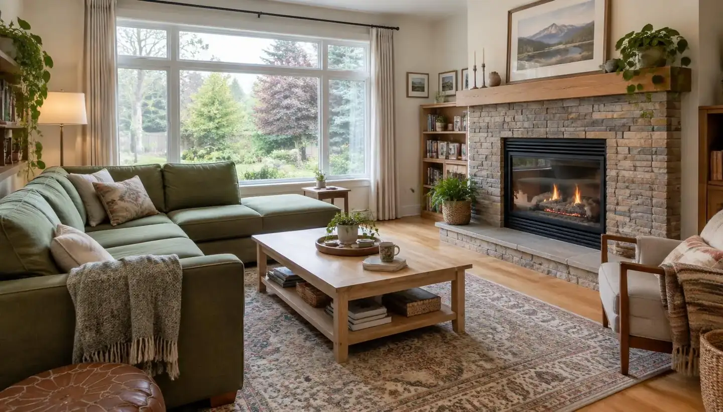 A light filled living room with a fireplace and a garden view
