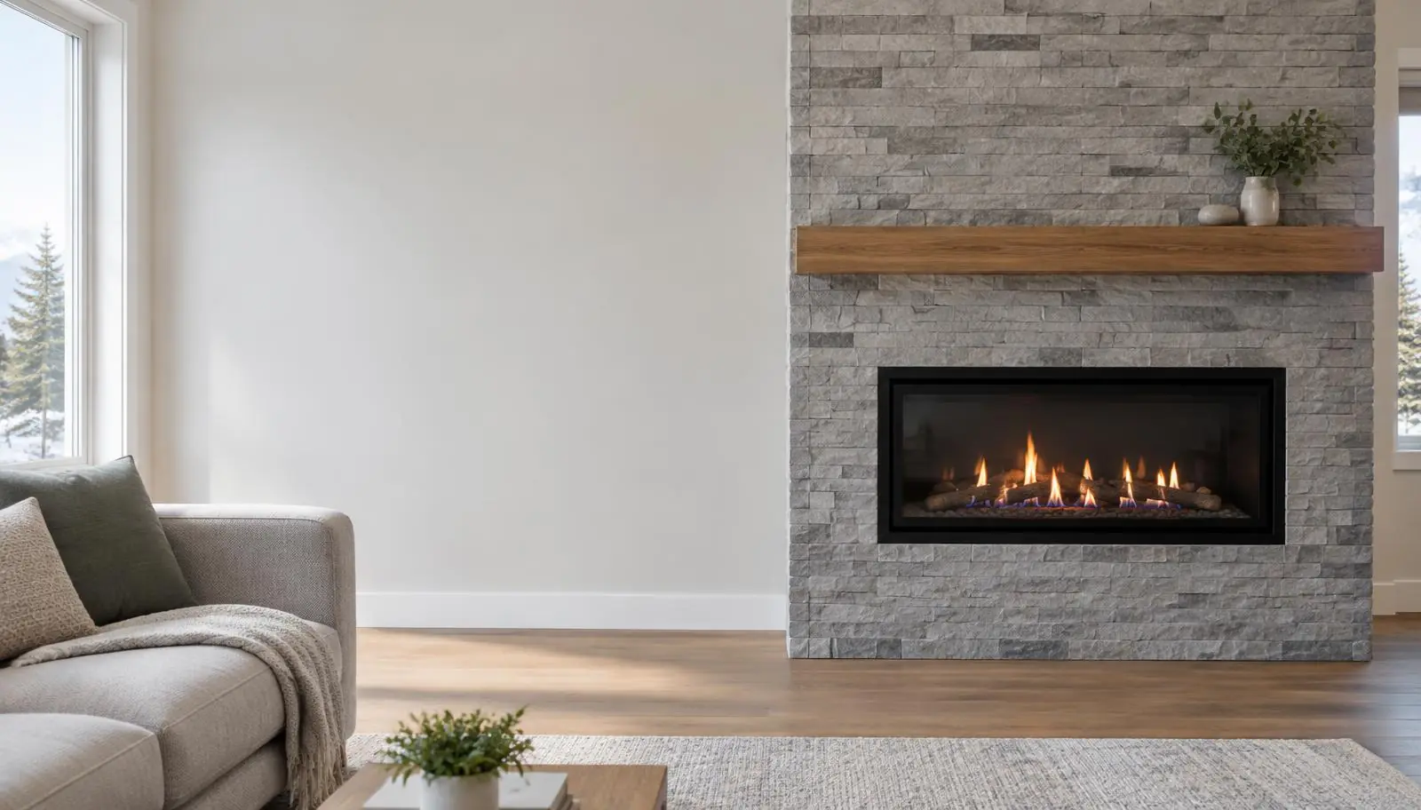 Glass-front gas fireplace with a stone surround in a living room