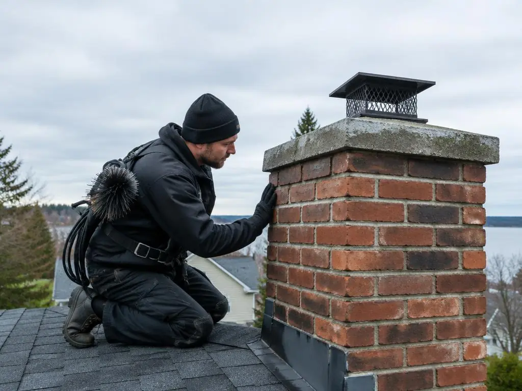 Technician inspecting a brick chimney on a rooftop