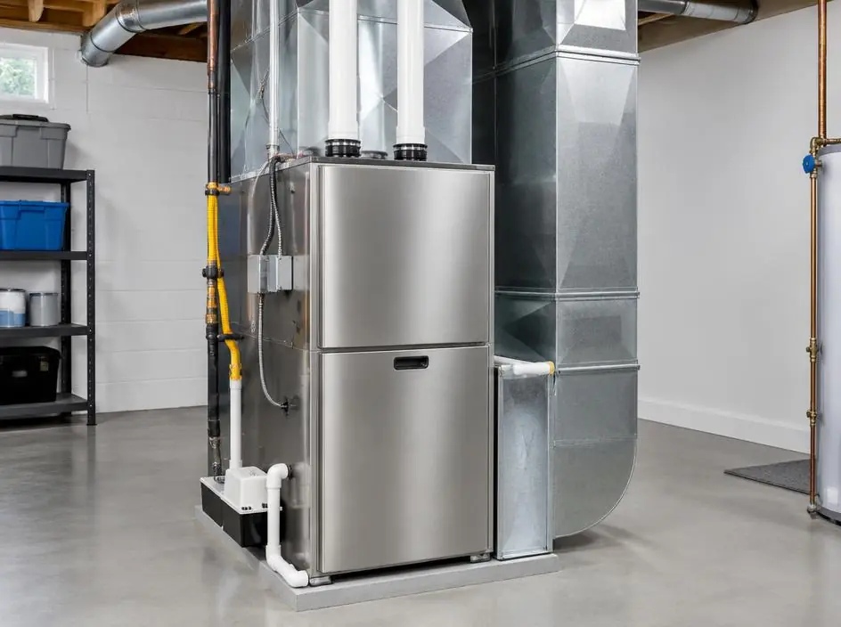 High efficiency gas furnace installed in a home utility room