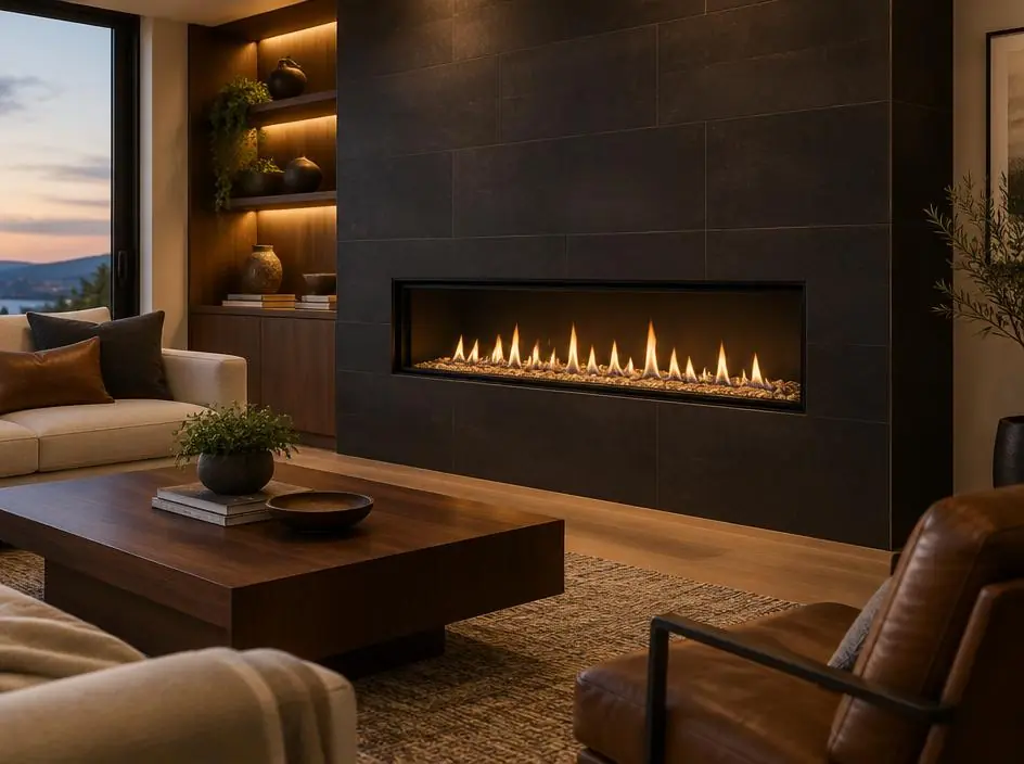 Modern gas fireplace with a linear flame in a living room
