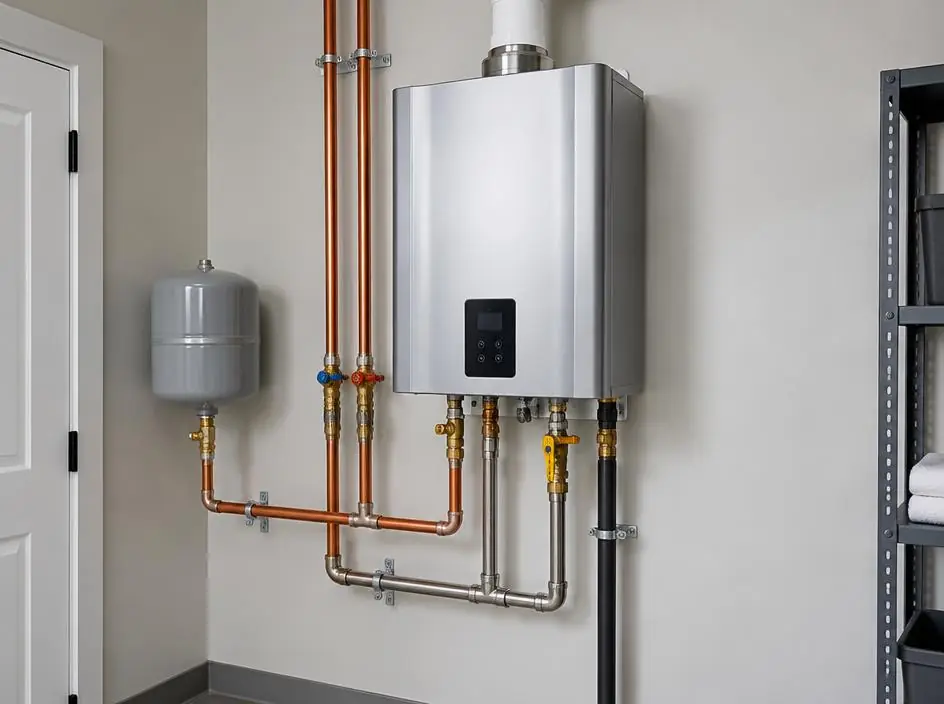 Wall mounted tankless water heater with copper piping