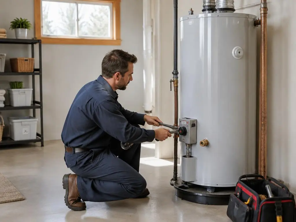 Technician servicing a gas storage tank water heater