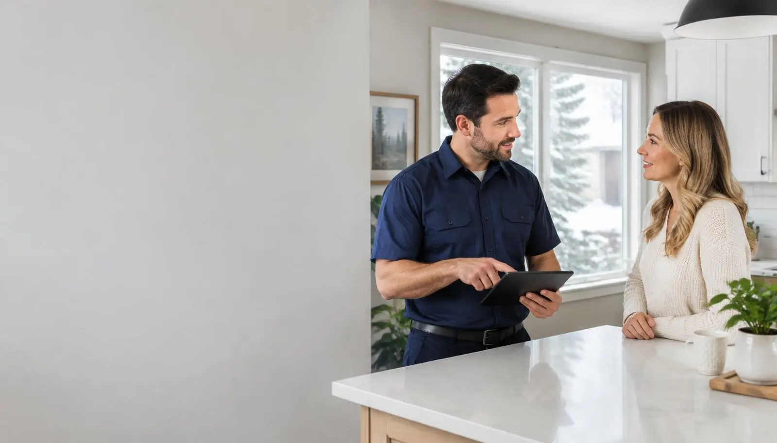 Illustrative home service consultation between a technician and homeowner