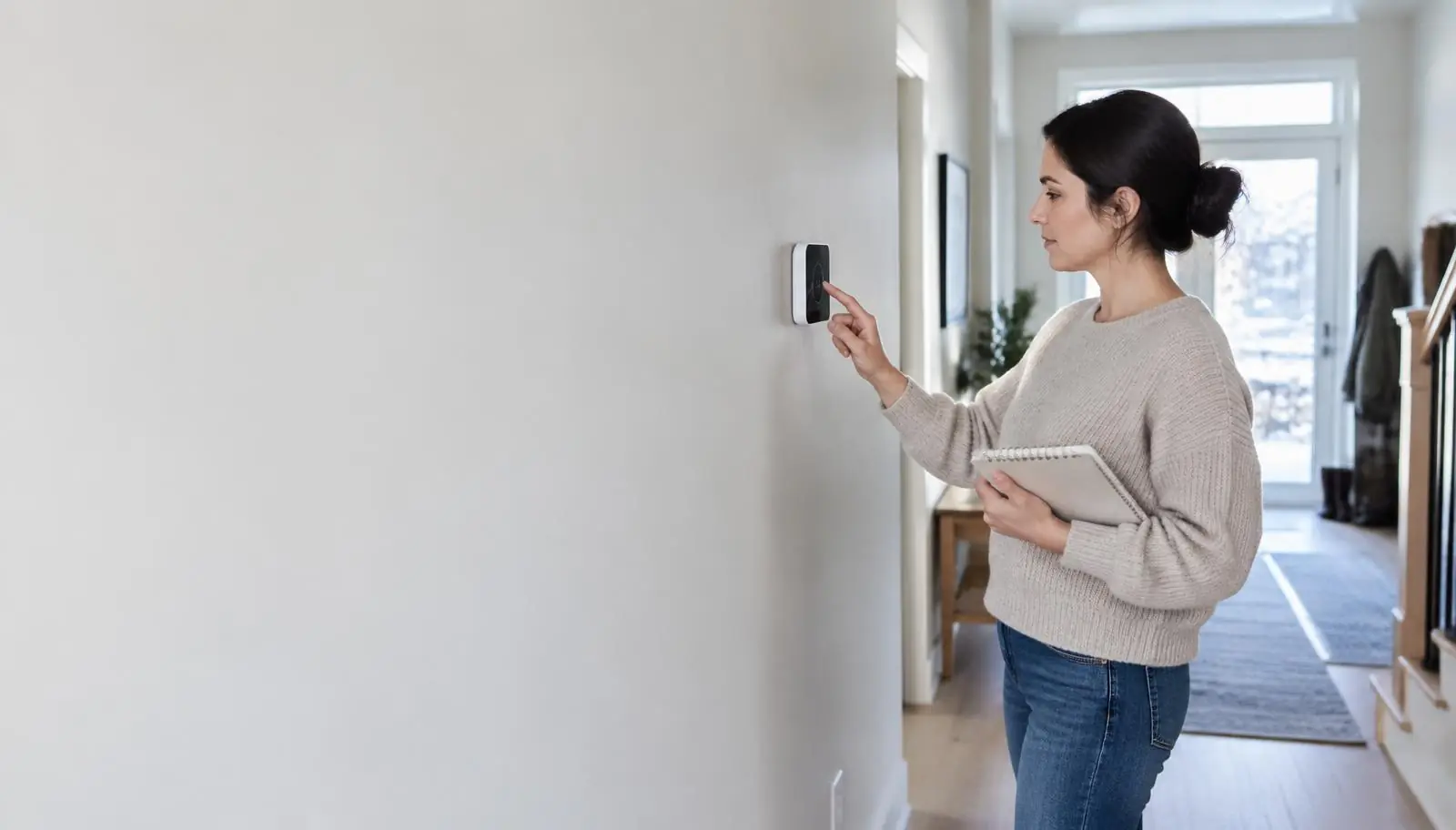 Homeowner checking a wall thermostat