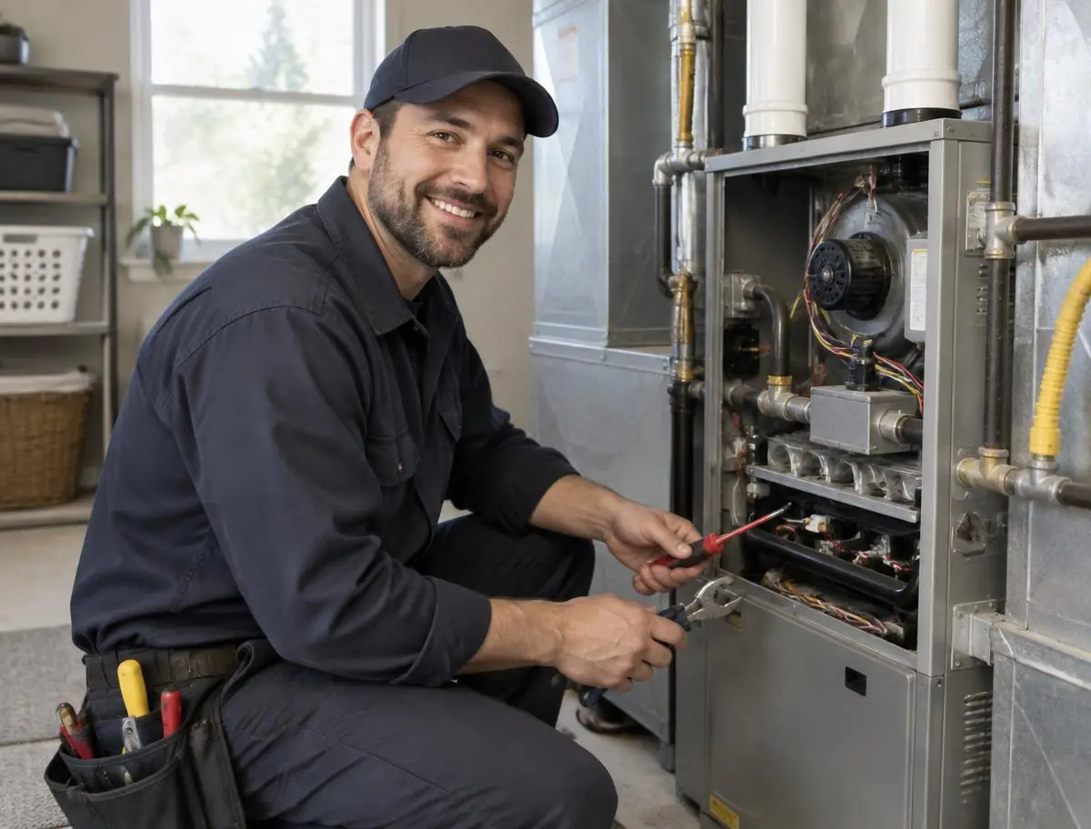 HeatNest technician servicing a gas furnace in a customer's home