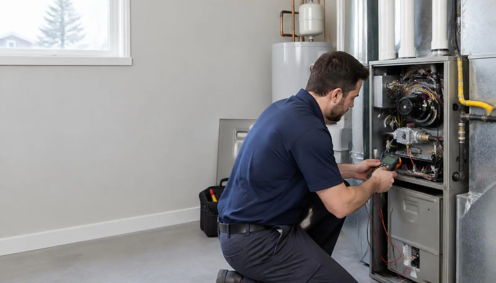 Technician inspecting a furnace in a home utility room